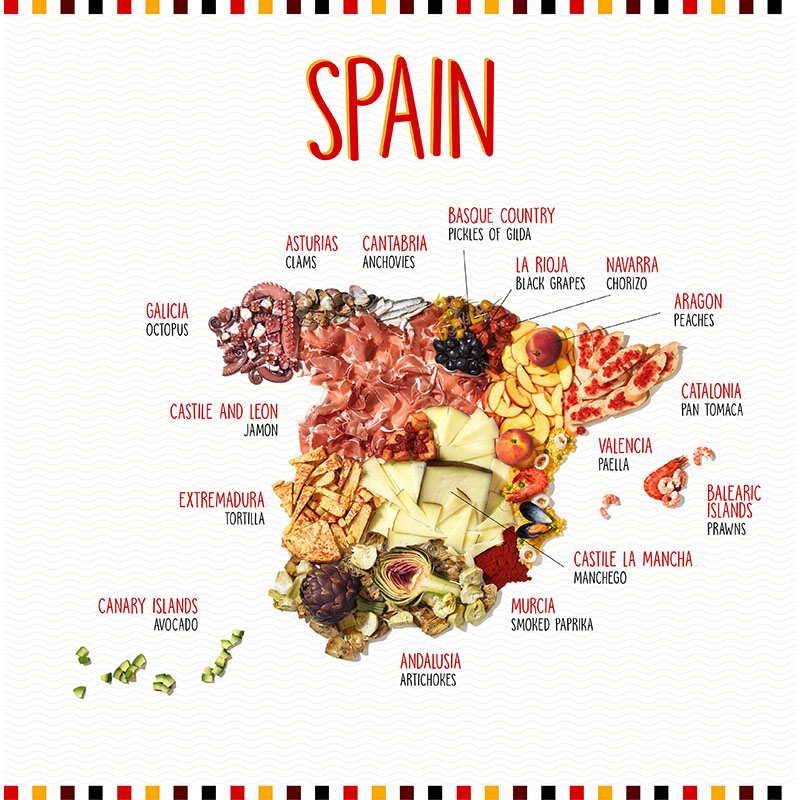 Πίνακας σε καμβά Χάρτης Ισπανία με Φαγητά
